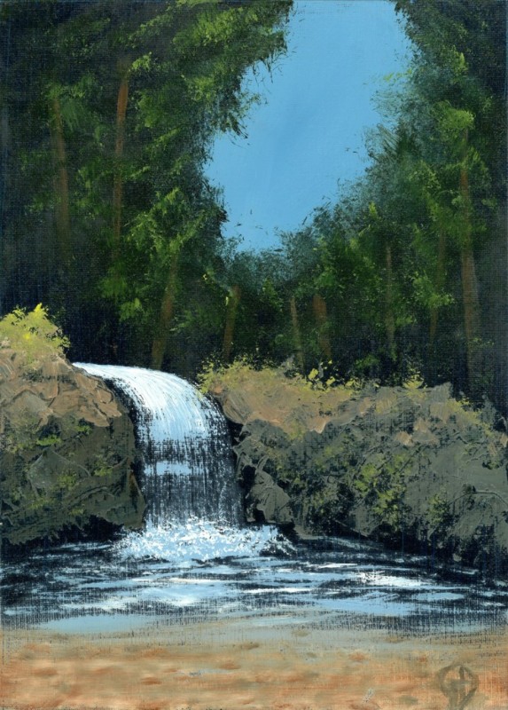 Secluded waterfall.jpg - Secluded waterfall water-soluble oil on canvas board, 10x14" (254 x356 mm) Completed about August 2016
